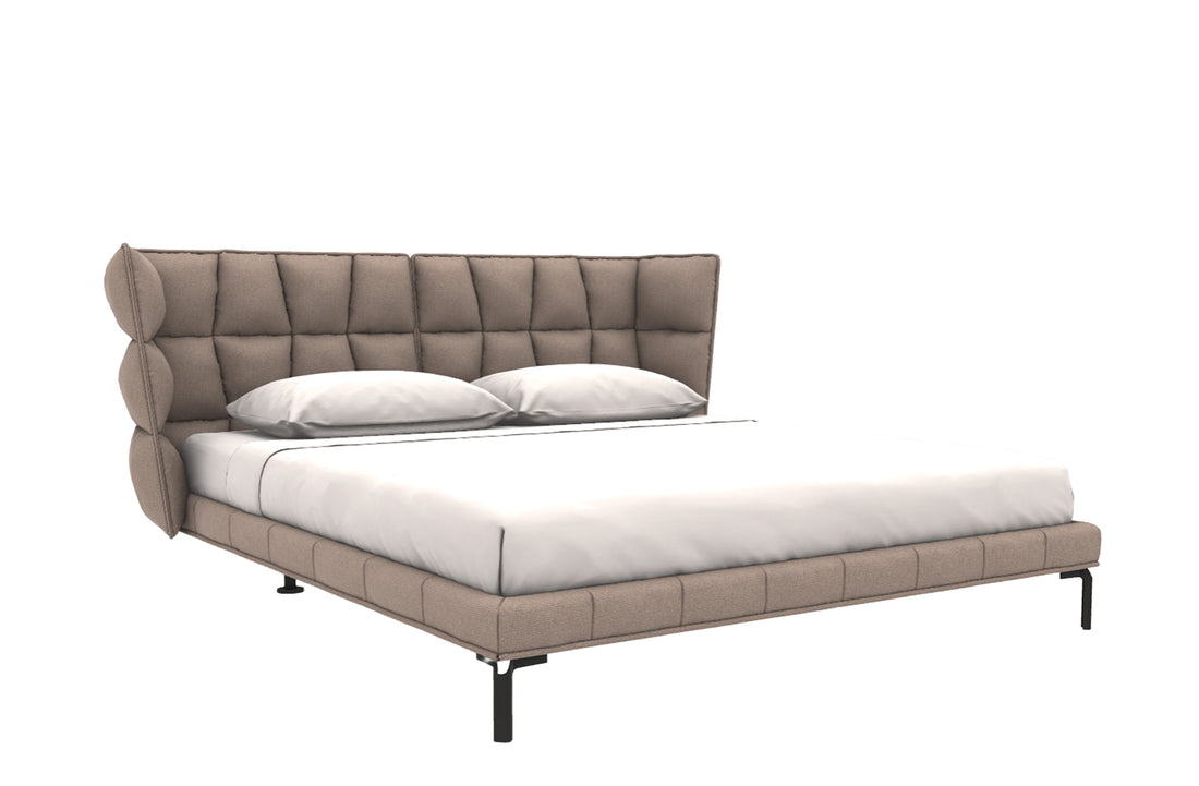 Bed for Mattress 180x200cm (Sold Separately) / ASTRO Sand Fabric / 2x Front Feet in Bronzed Nickel Painted/2x Recessed Feet in Black Painted