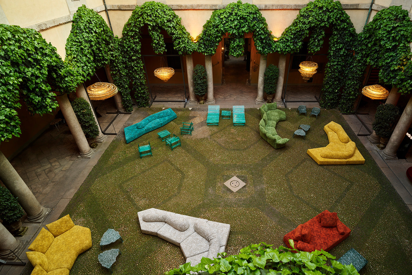 Edra's Every Stone outdoor collection was launched during Milan Design Week inside the courtyard of their HQ in Milan, the historic Palazzo Durini Caproni di Taliedo. Photograph c/o Edra.
