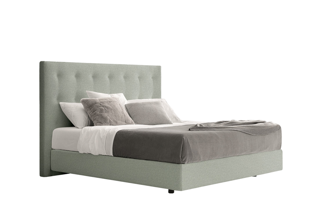 187.5x215x113 cm / Bed with Tip Up Storage for 160x200 cm Mattress (Sold Separately) / OLIMPIA Polvere Fabric Cover + Quilted Headboard Backside in Canvas
