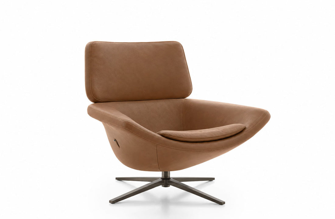 Swivel Armchair with Reclining Mechanism / KASIA Light Brown Leather / Bronzed Nickel Painted