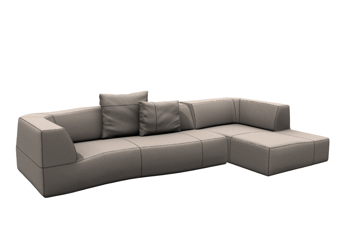 Sofa with Right Chaise 325x184cm + 2x 60x55cm Cushions / ASTRO Rope Fabric / Black Zig Zag Stitching