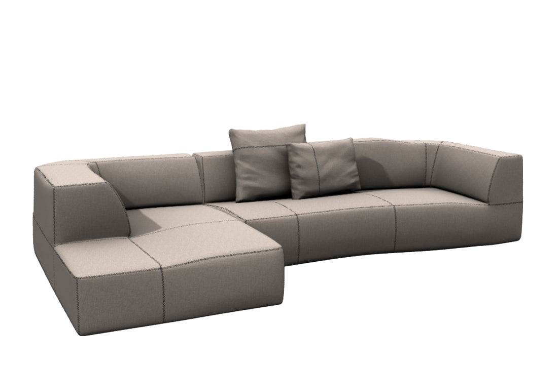 Sofa with Left Chaise 330x177.5cm + 2x 60x55cm Cushions / ASTRO Rope Fabric / Black Zig Zag Stitching