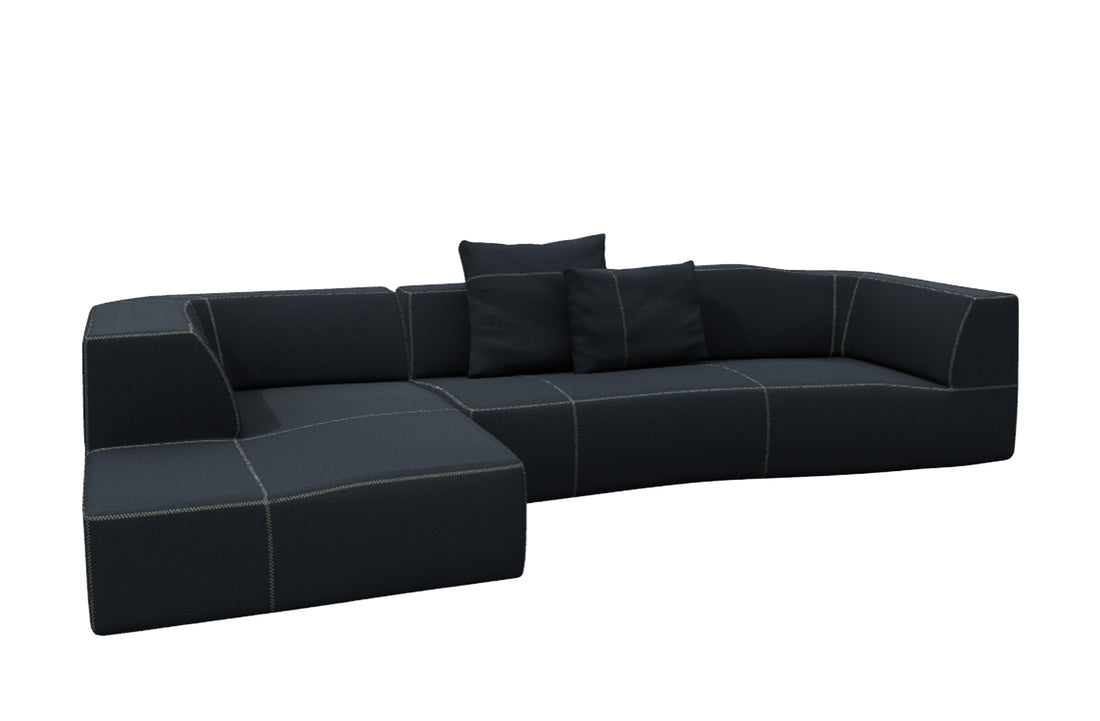 Sofa with Left Chaise 330x177.5cm + 2x 60x55cm Cushions / ASTRO Blue Fabric / Linen Zig Zag Stitching