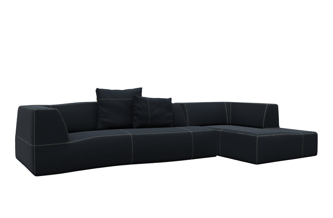 Sofa with Right Chaise 325x184cm + 2x 60x55cm Cushions / ASTRO Blue Fabric / Linen Zig Zag Stitching