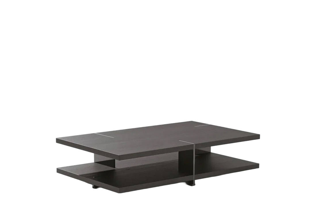 140x85x33 cm / Coffee Table / Black Elm Top + Black Elm Base + Glossy Brown Nickel Inserts and Feet