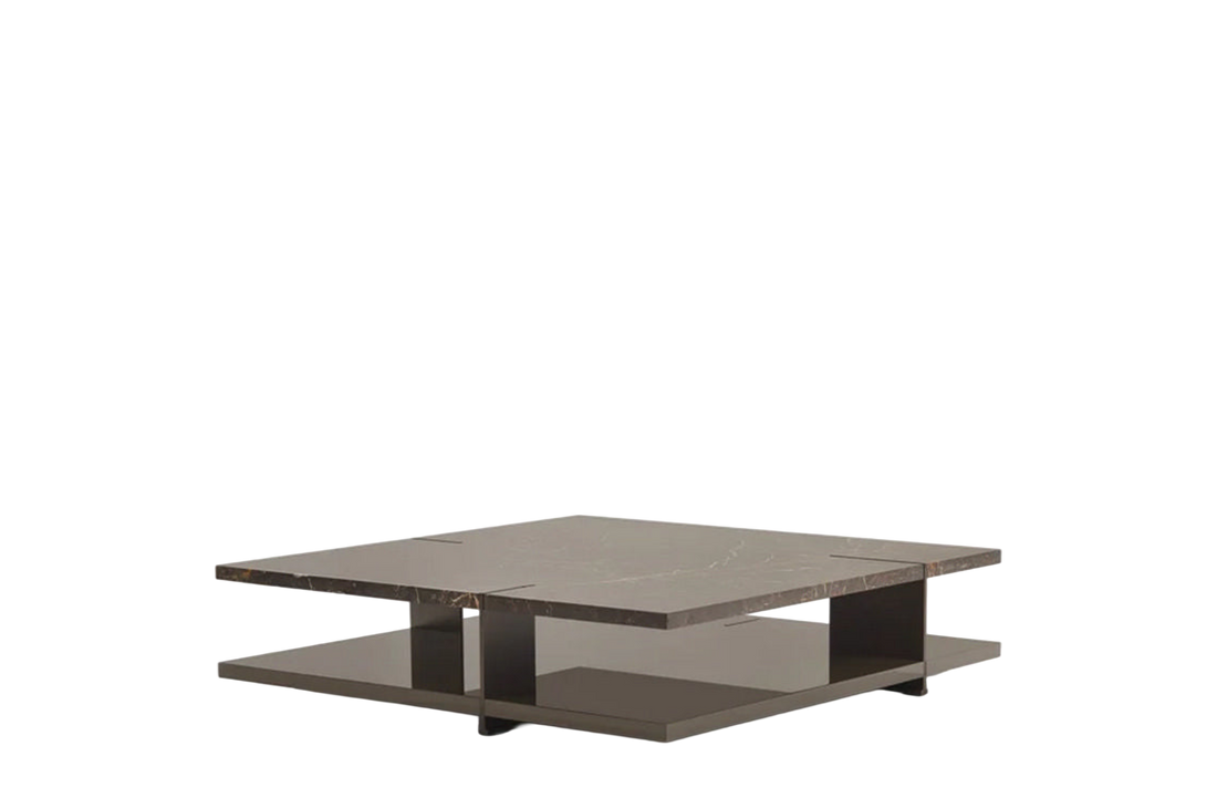 140x140x33 cm / Coffee Table / Mat Marble Calacatta Oro Top + Black Elm Base + Mat Brown Nickel Inserts and Feet