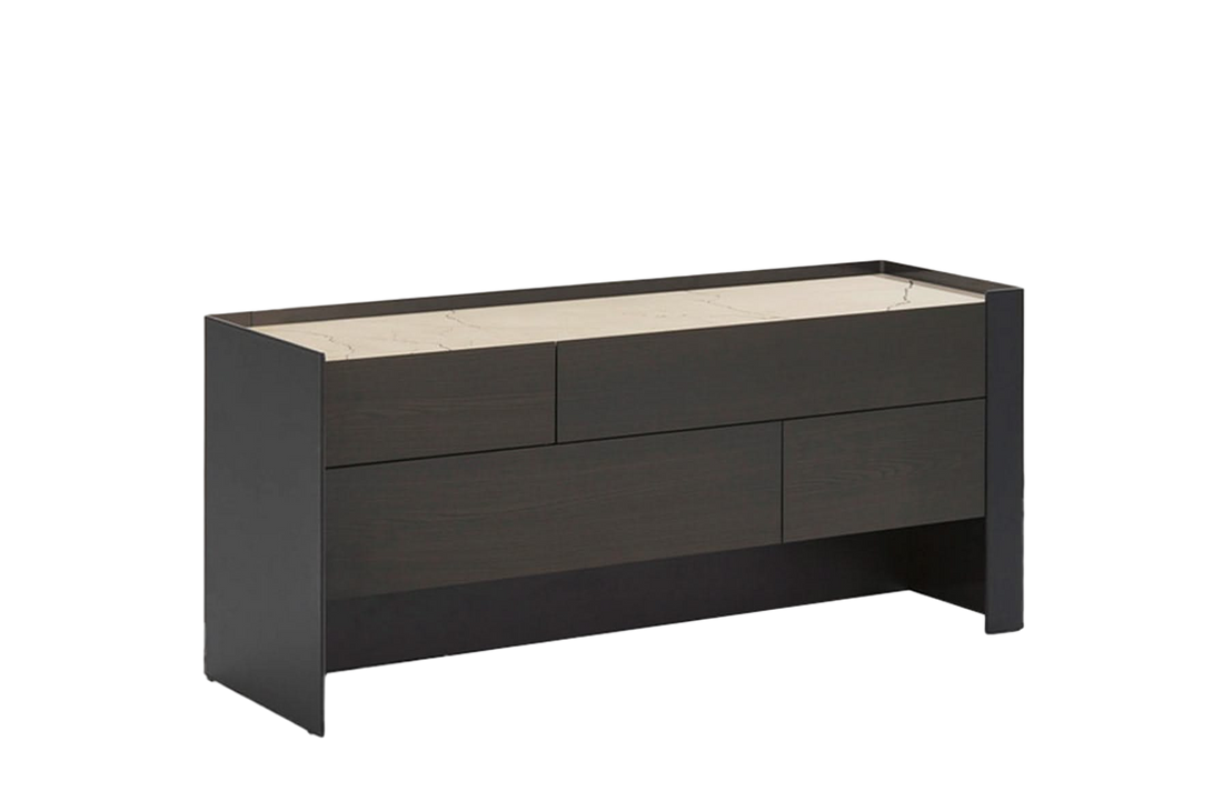 160x55x73 cm / Chest of 4 Drawers / Hide Nero Outer Structure + Glossy Brown Nickel Inner Structure + Mat Marble Zecevo Top + Black Elm Drawer Front