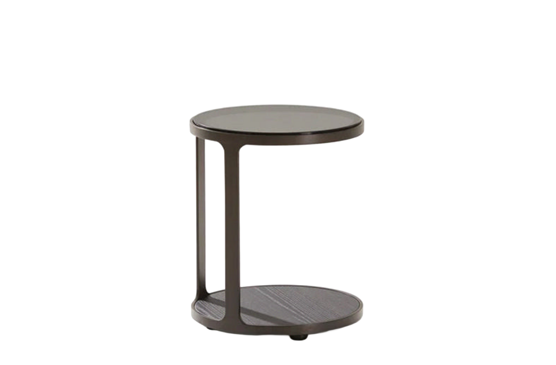 Ø42x52 cm / Coffee Table / Fume Glass Upper Top + Black Elm Lower Top + Satin Brown Nickel Structure