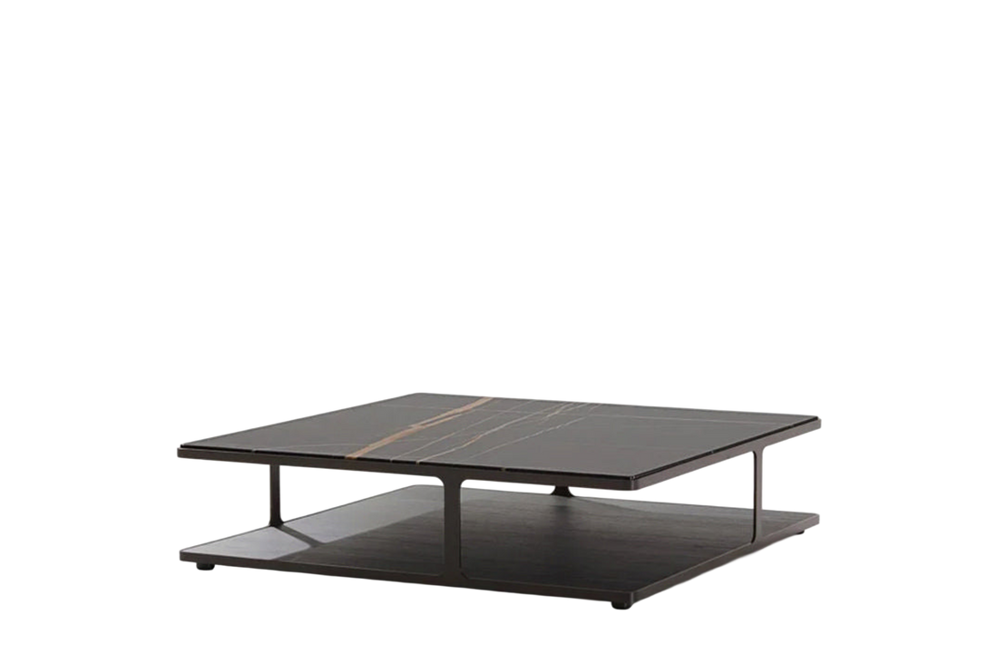 120x120x31 cm / Coffee Table / Glossy Marble Sahara Noir with Polyester Finish Upper Top + Black Elm Lower Top + Satin Brown Nickel Structure