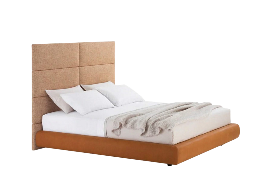 Bed with Tip Up Storage for 1600x2000mm Mattress (Sold Separately) / MICENE Argilla Fabric Wall Panelling + SILK Cognac Leather Bed Frame