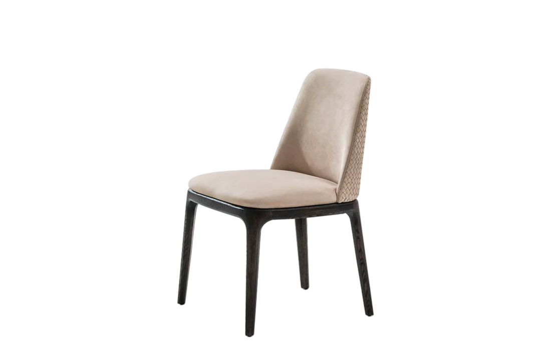 53.5x54x81.5 cm / Chair without Armrests Wood 2 / NABUK Latte Leather Cover and rear of the chair backrest in Woven Leather + Black Elm Structure