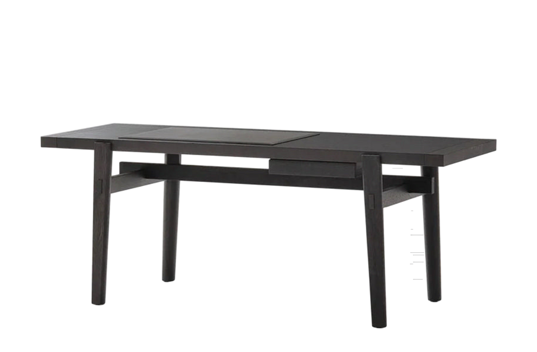 185x66x72.5 cm / Writing Desk / Black Elm Structure and Top + Black Elm Drawer + Hide Nero Desk Pad