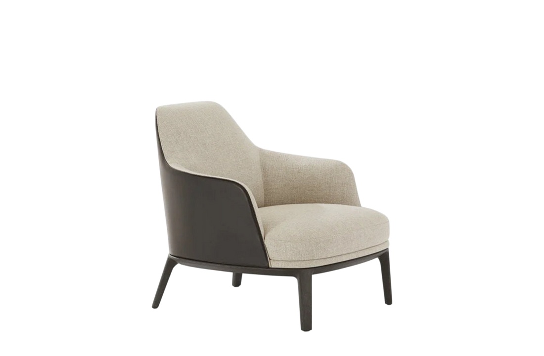 74x85x80 cm / Armchair Wood 2 / NAYORO Sabbia Fabric Inner Shell + SOFT  Visone Leather Outer Shell + Black Elm Structure