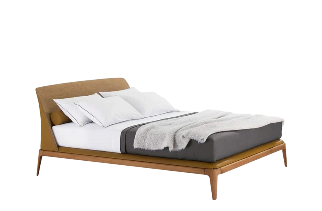 177x230x100 cm / Bed Wood 1 for 160x200 cm Mattress (Sold Separately) / SILK Senape Leather External and ARCADIA Bronzo Fabric Inner Headboard + Canaletto Walnut Structure and SILK Senape Leather Cover Bed Frame