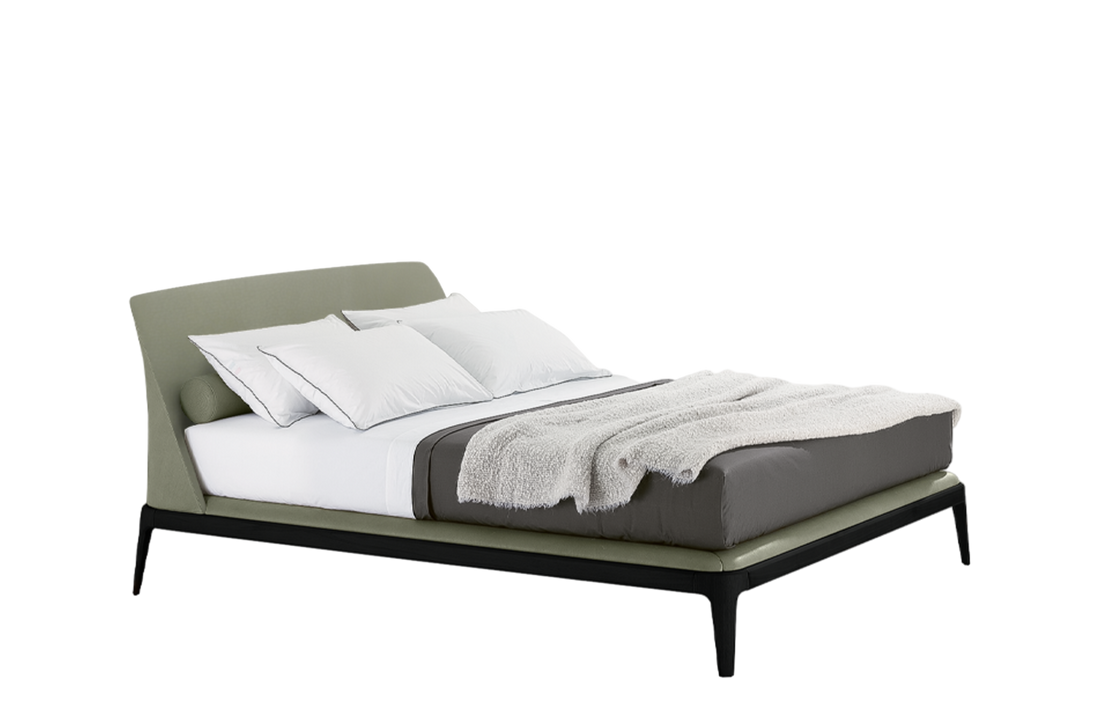 197x230x100 cm / Bed Wood 2 for 180x200 cm Mattress (Sold Separately) / NABUK Mastice Leather External and NABUK Mastice Leather Inner Headboard + Black Elm Structure and NABUK Mastice Leather Cover Bed Frame