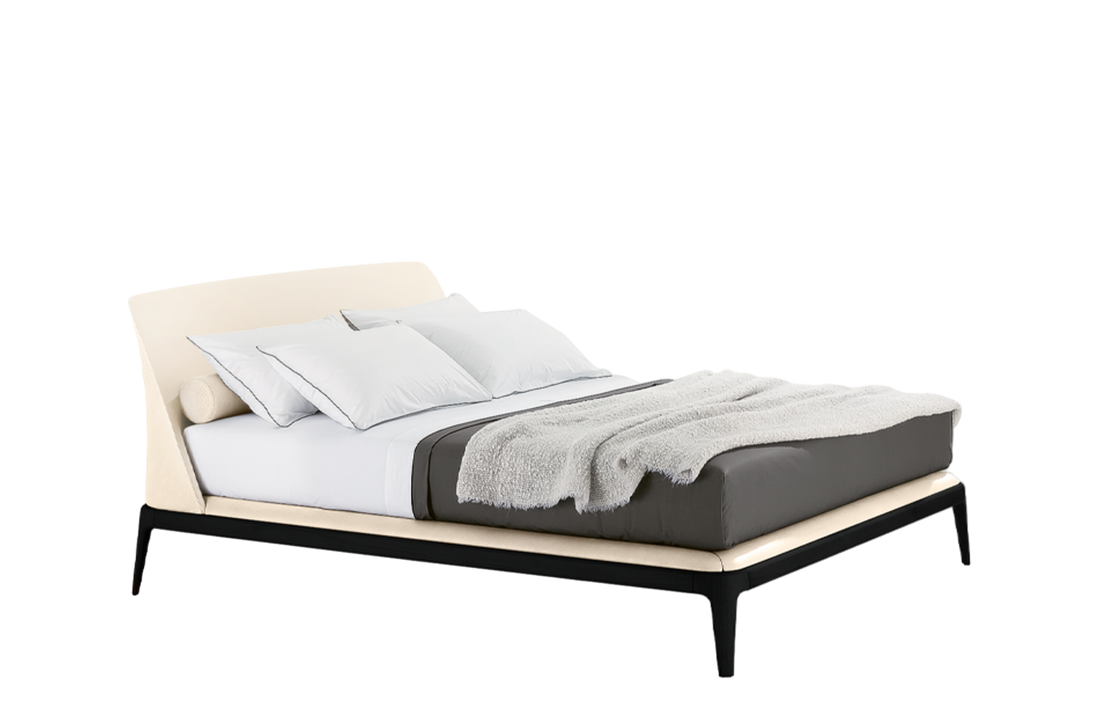 197x230x100 cm / Bed Wood 2 for 180x200 cm Mattress (Sold Separately) / NABUK Latte Leather External and NABUK Latte Leather Inner Headboard + Black Elm Structure and NABUK Latte Leather Cover Bed Frame