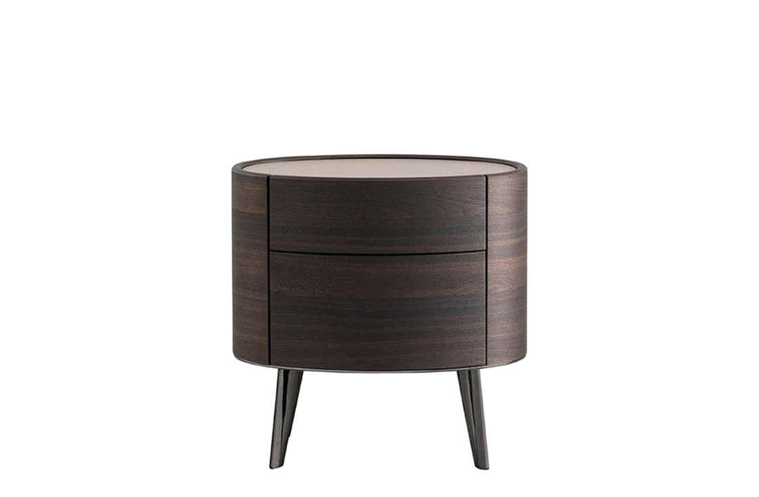 60x41.2x59 cm / Bedside Table with 2 Drawers / Hide Tortora Top + Spessart Oak Structure + Glossy Brown Nickel Feet
