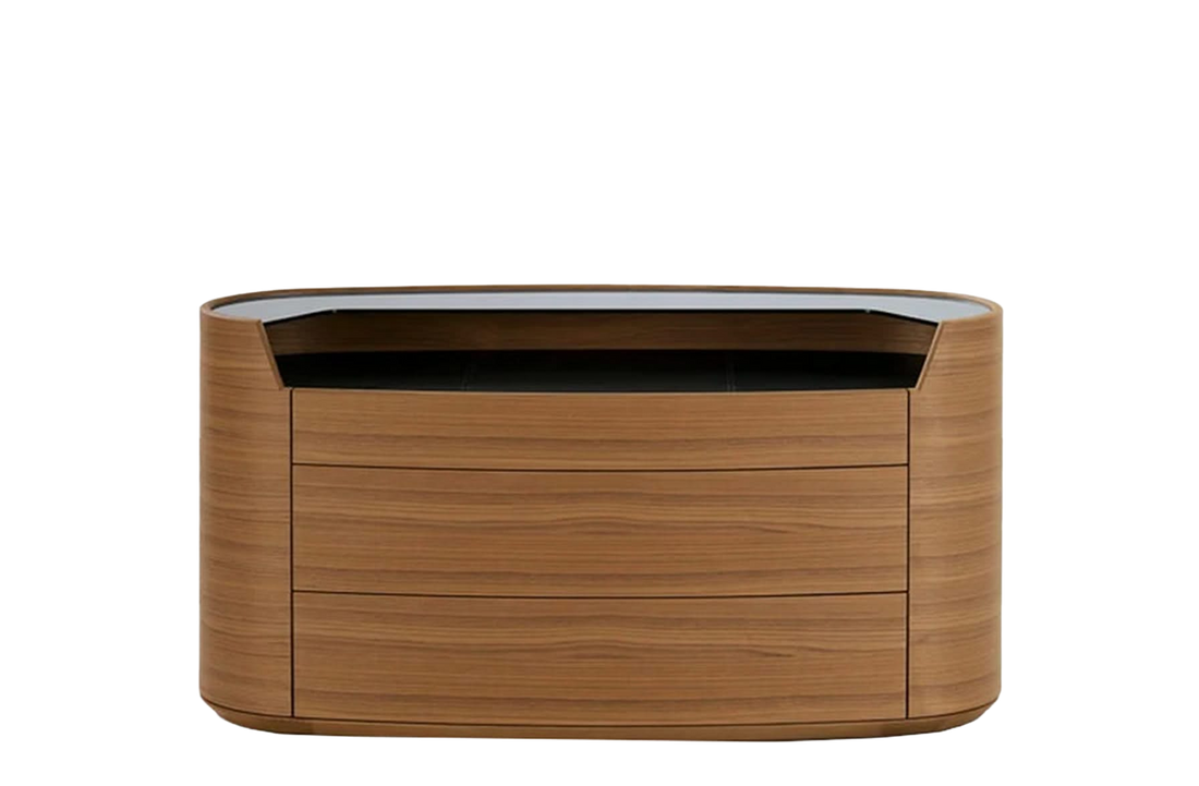 140x56x74 cm / Chest of Drawers with 3 Drawers and Glass Shelf / Hide Nero Top and Glass Fume Upper shelf + Canaletto Walnut Structure