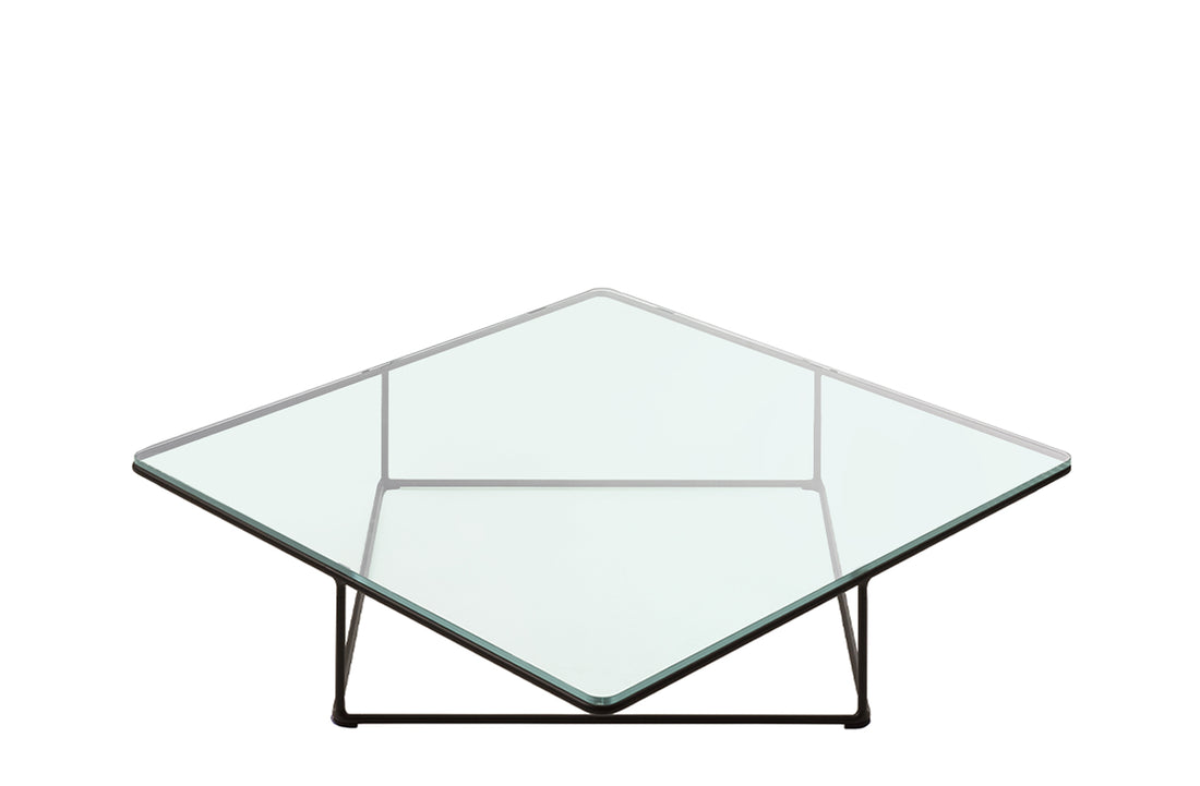 110x110x26cm / Transparent Extra Light Glass Top / Matt Black Painted Frame