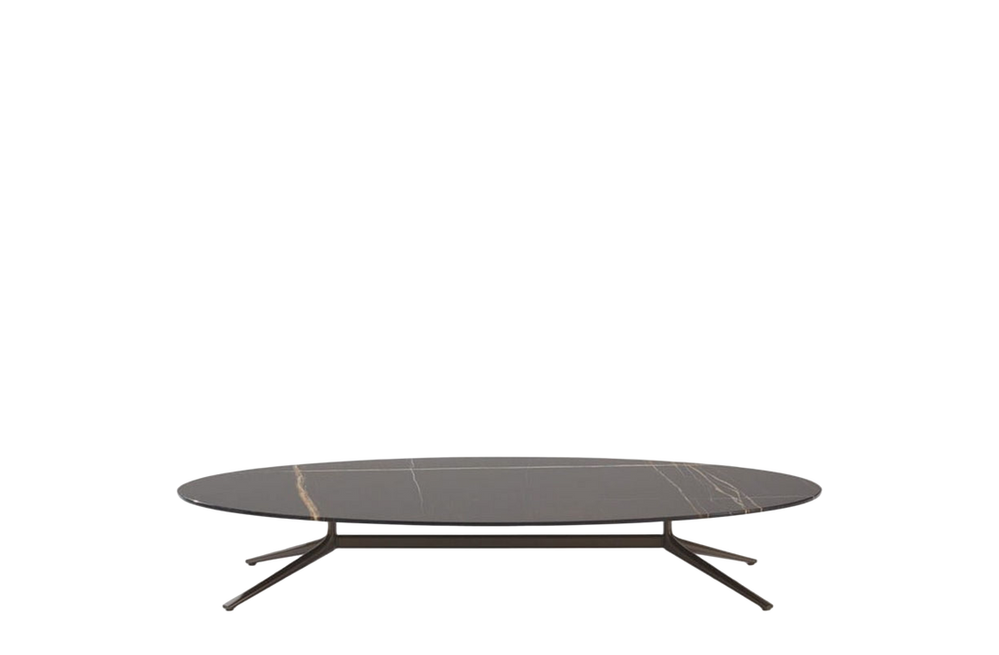 180x94x29 cm / Oval Coffee Table / Glossy Marble Sahara Noir Top with Polyester Finish + Mat Brown Nickel Structure