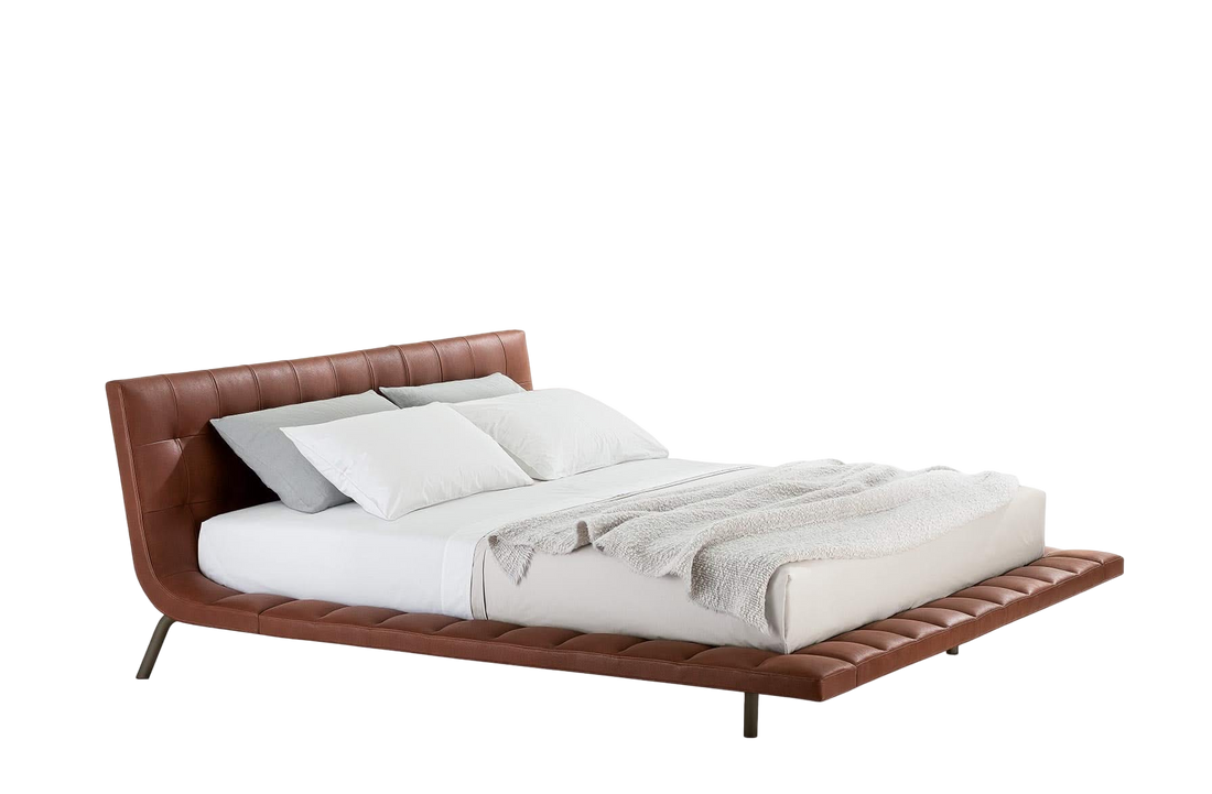 222.2x242x93.5 cm / Bed for 180x200 cm Mattress (Sold Separately) / SILK Terracotta Leather + Mat Brown Nickel Feet