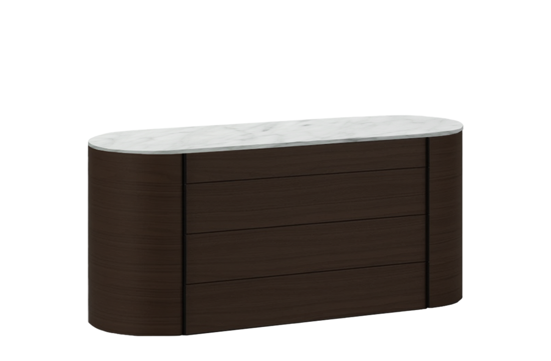 166.5x57x78 cm / Chest of Drawers with 4 Drawers / Spessart Oak Structure + Glossy Carrara White Marble Top + Hide Caffe Handles