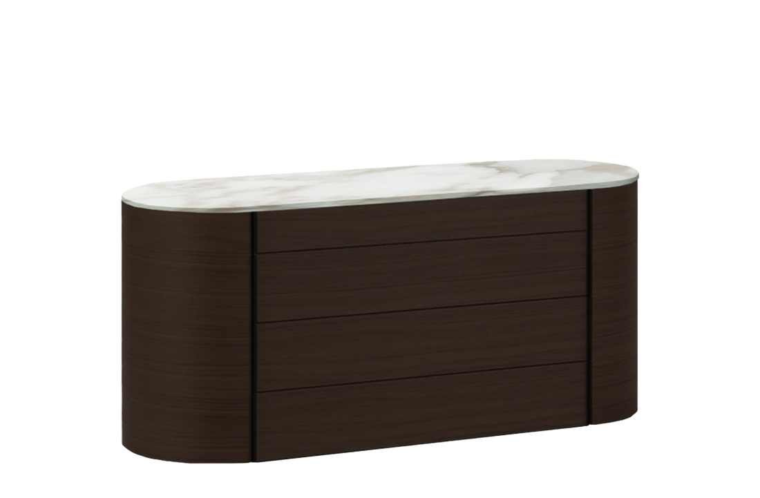 166.5x57x78 cm / Chest of Drawers with 4 Drawers / Spessart Oak Structure + Glossy Calacatta Gold Marble Top + Hide Caffe Handles