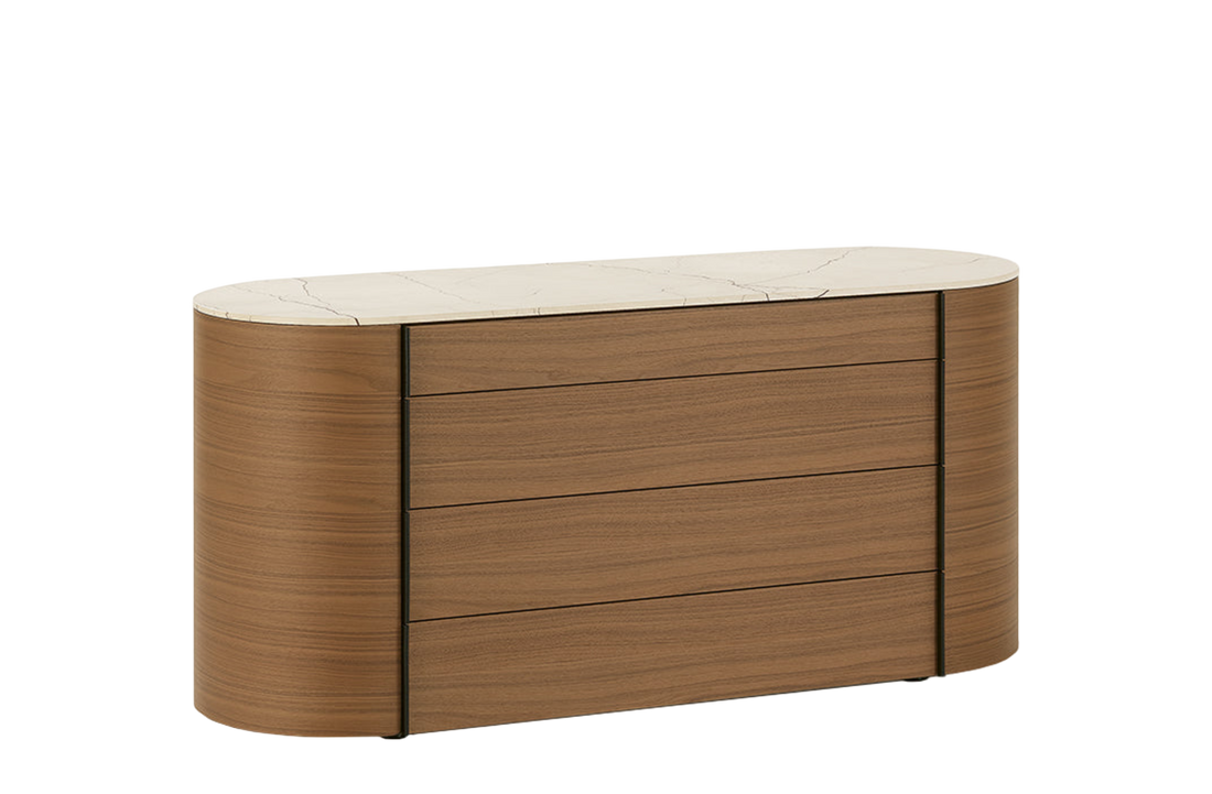 166.5x57x78 cm / Chest of Drawers with 4 Drawers / Canaletto Walnut Structure + Mat Marble Zecevo Top + Hide Nero Handles