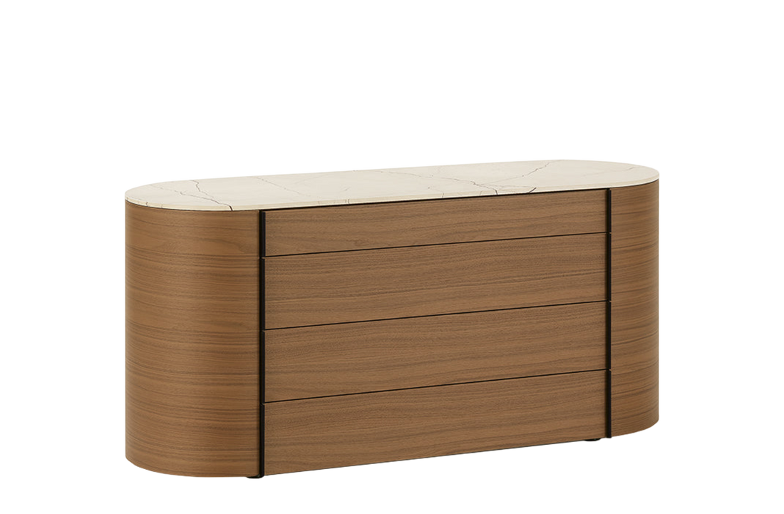 166.5x57x78 cm / Chest of Drawers with 4 Drawers / Canaletto Walnut Structure + Mat Marble Zecevo Top + Hide Caffe Handles