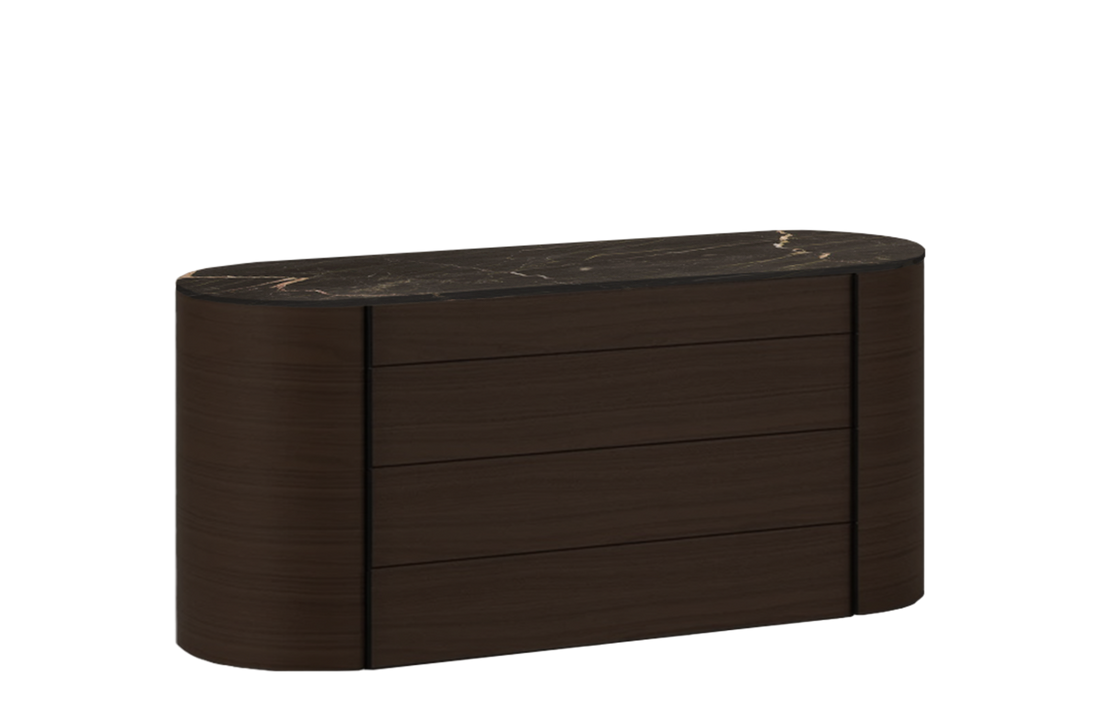 166.5x57x78 cm / Chest of Drawers with 4 Drawers / Spessart Oak Structure + Glossy Saint Laurent Marble Top + Hide Caffe Handles