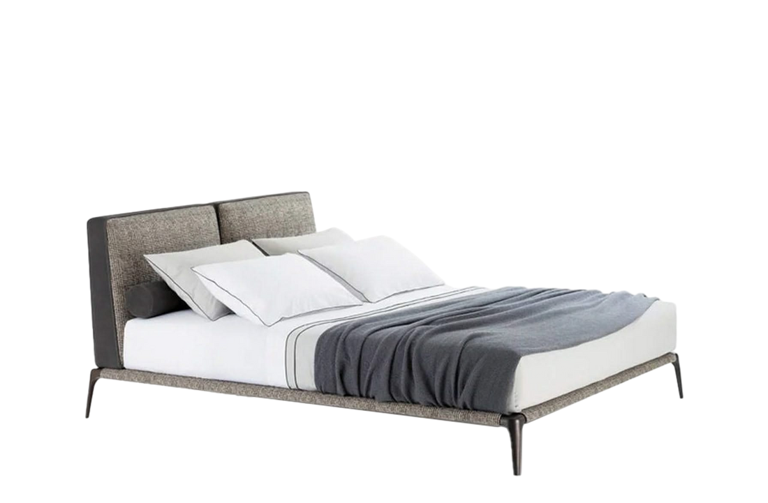 171x225x95.5 cm / Bed for 160x200 cm Mattress (Sold Separately) / NABUK Grafite Leather Backside & Bands and SENDAI Fango Fabric Front Headboard + Mat Brown Nickel Structure and SENDAI Fango Fabric Bed Frame