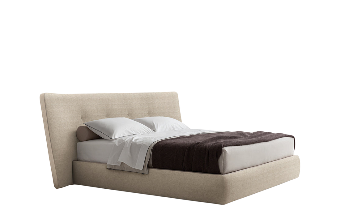 268.5x239.5x112.5 cm / Bed with Tip Up Storage for 180x200 cm Mattress (Sold Separately) / SKYROS Sabbia Fabric Cover + NABUK Latte Leather Bands + Bigger Piston