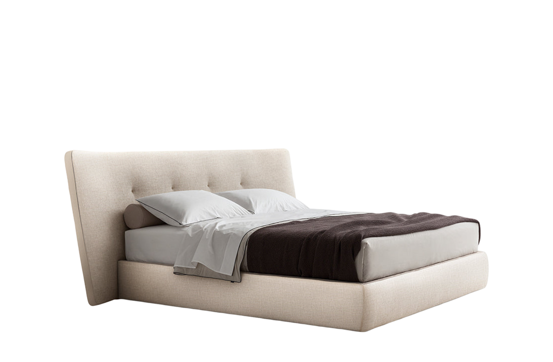 268.5x239.5x112.5 cm / Bed with Tip Up Storage for 180x200 cm Mattress (Sold Separately) / ORLEANS Pernice Fabric Cover + NABUK Latte Leather Bands + Bigger Piston