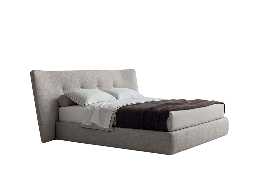 268.5x239.5x112.5 cm / Bed with Tip Up Storage for 180x200 cm Mattress (Sold Separately) / NAYORO Ghiaccio Fabric Cover + NABUK Latte Leather Bands
