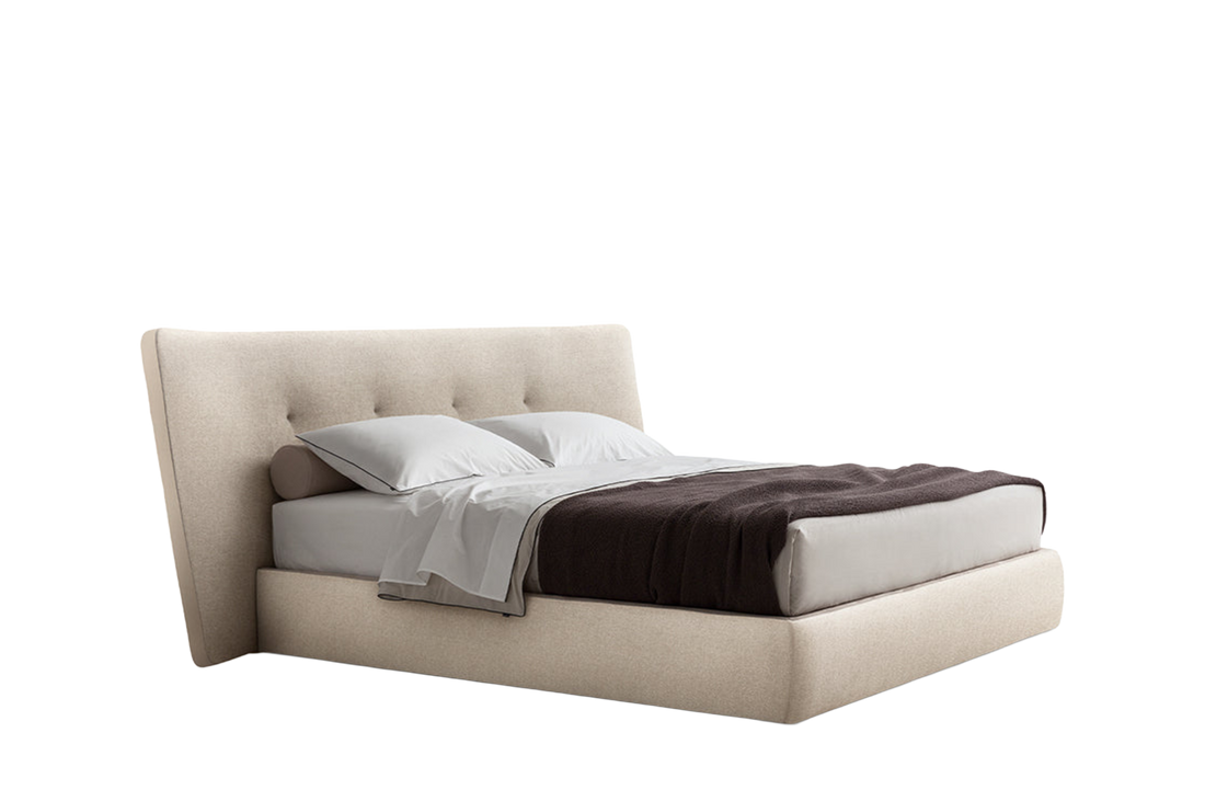 268.5x249.5x112.5 cm / Bed with Tip Up Storage for 180x210 cm Mattress (Sold Separately) / SKYROS Crema Fabric Cover + NABUK Latte Leather Bands + Bigger Piston