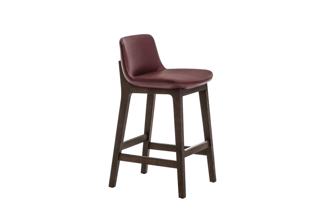48.5x47x85 cm / Bar Stool / SOFT Bulgaro Leather + Normal Double Stitching + Spessart Oak Structure +  Stainless Steel Footrest