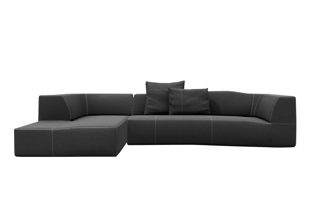 Sofa with Left Chaise 330x177.5cm + 2x 60x40cm Cushions / SERRA Dark Grey Fabric / Pearl Grey Zig Zag Stitching