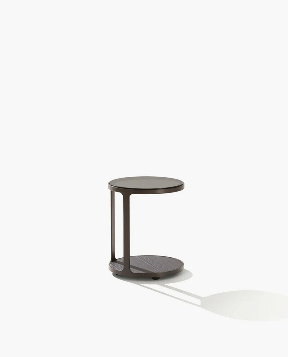 TCK042 / Coffee Table / Fume Glass Upper Top + Black Elm Lower Top + Satin Brown Nickel Structure