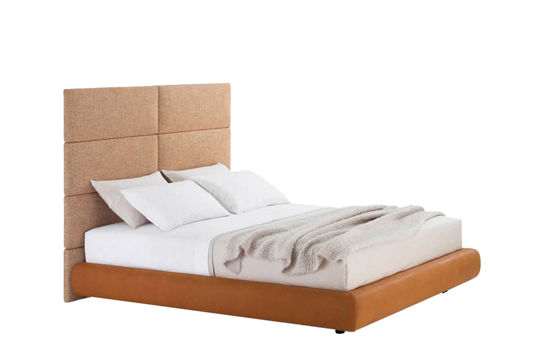 1x LMDRPR + 8x PI095 / Bed with Tip Up Storage for 1600x2000mm Mattress (Sold Separately) / MICENE 08 Argilla Cat D Fabric Wall Panelling + SILK 11 Cognac Cat S Leather Bed Frame