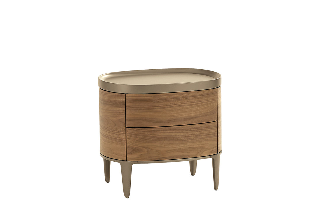CDGM1 / Bedside Table with 2 Drawers / Canaletto Walnut Structure + Mat Lacquered Champagne LO77 Top + Mat Champagne Feet