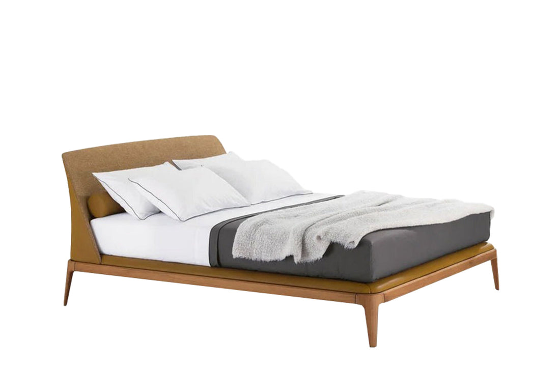 1x LMKE + 1x TEKEN / Bed Wood 1 for 1600x2000mm Mattress (Sold Separately) / SILK 12 Senape Cat S Leather External and ARCADIA 05 Bronzo Cat E Fabric Inner Headboard + Canaletto Walnut Structure and SILK 12 Senape Cat S Leather Cover Bed Frame