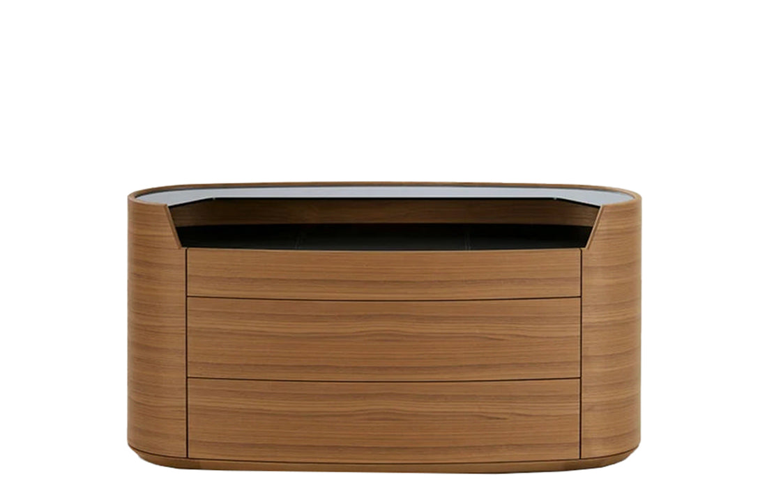 COKE2 / Chest of Drawers with 3 Drawers and Glass Shelf / Hide 02 Nero Top and Glass Fume Upper shelf + Canaletto Walnut Structure