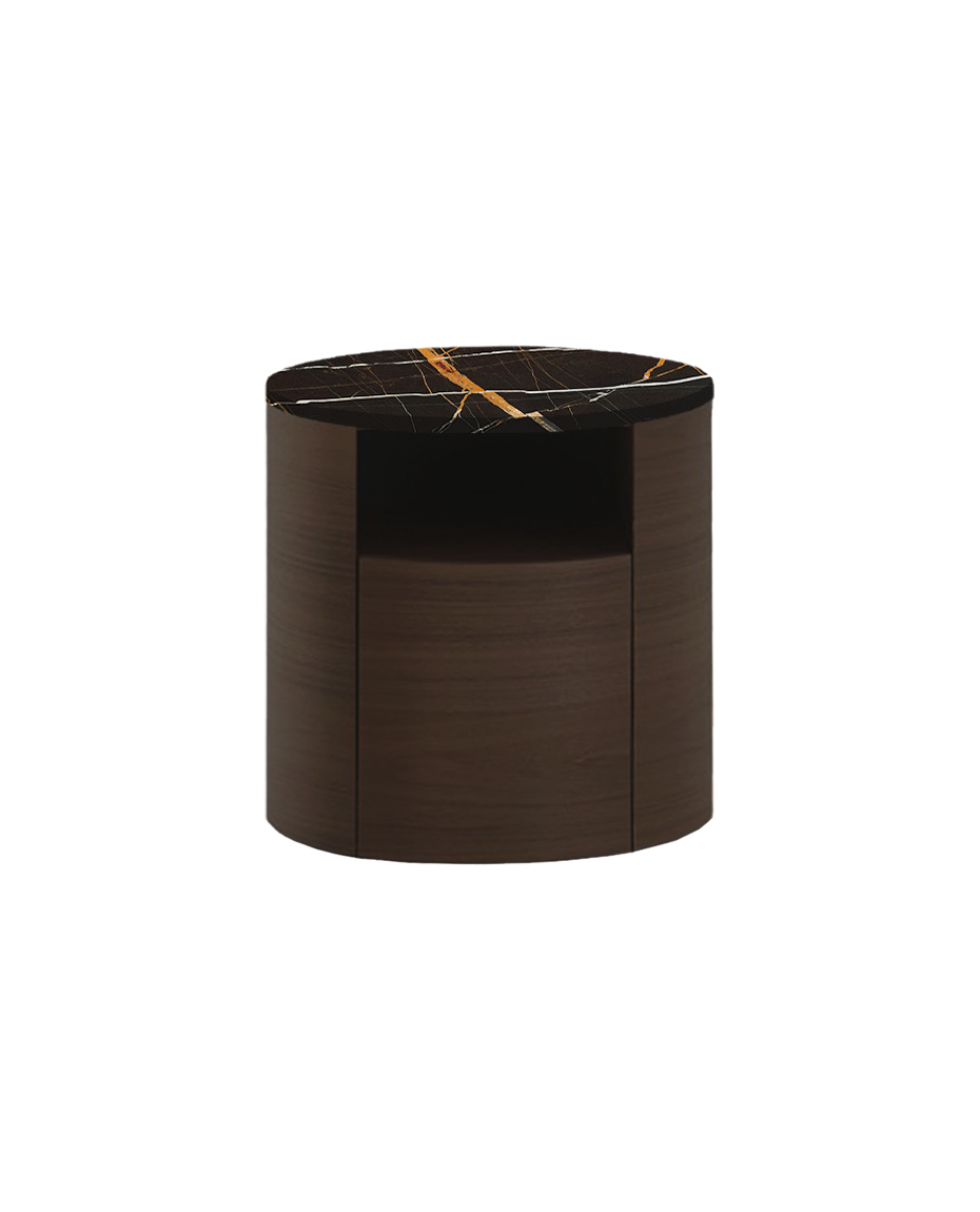 CDON4 / Bedside Table with 1 Drawer / Spessart Oak Structure + Glossy Sahara Noir Marble with Polyester Finish Top