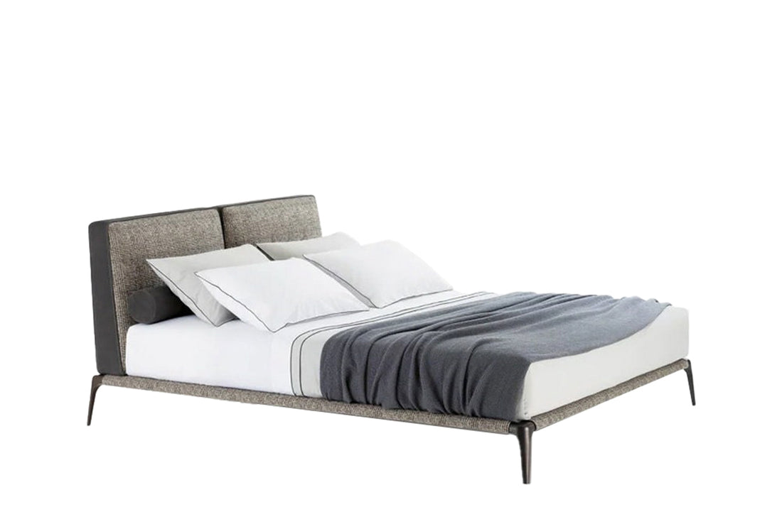 1x LMPKT + 1x TEPKN / Bed for 1600x2000mm Mattress (Sold Separately) / NABUK 05 Grafite Cat Y Leather Backside & Bands and SENDAI 03 Fango Cat D Fabric Front Headboard + Mat Brown Nickel Structure and SENDAI 03 Fango Cat D Fabric Bed Frame