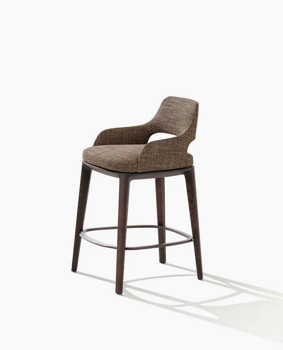 S109 / Bar Stool Wood 2 / ANTEA 03 Visone Cat D Fabric + Black Elm Structure + Mat Brown Nickel Footrest