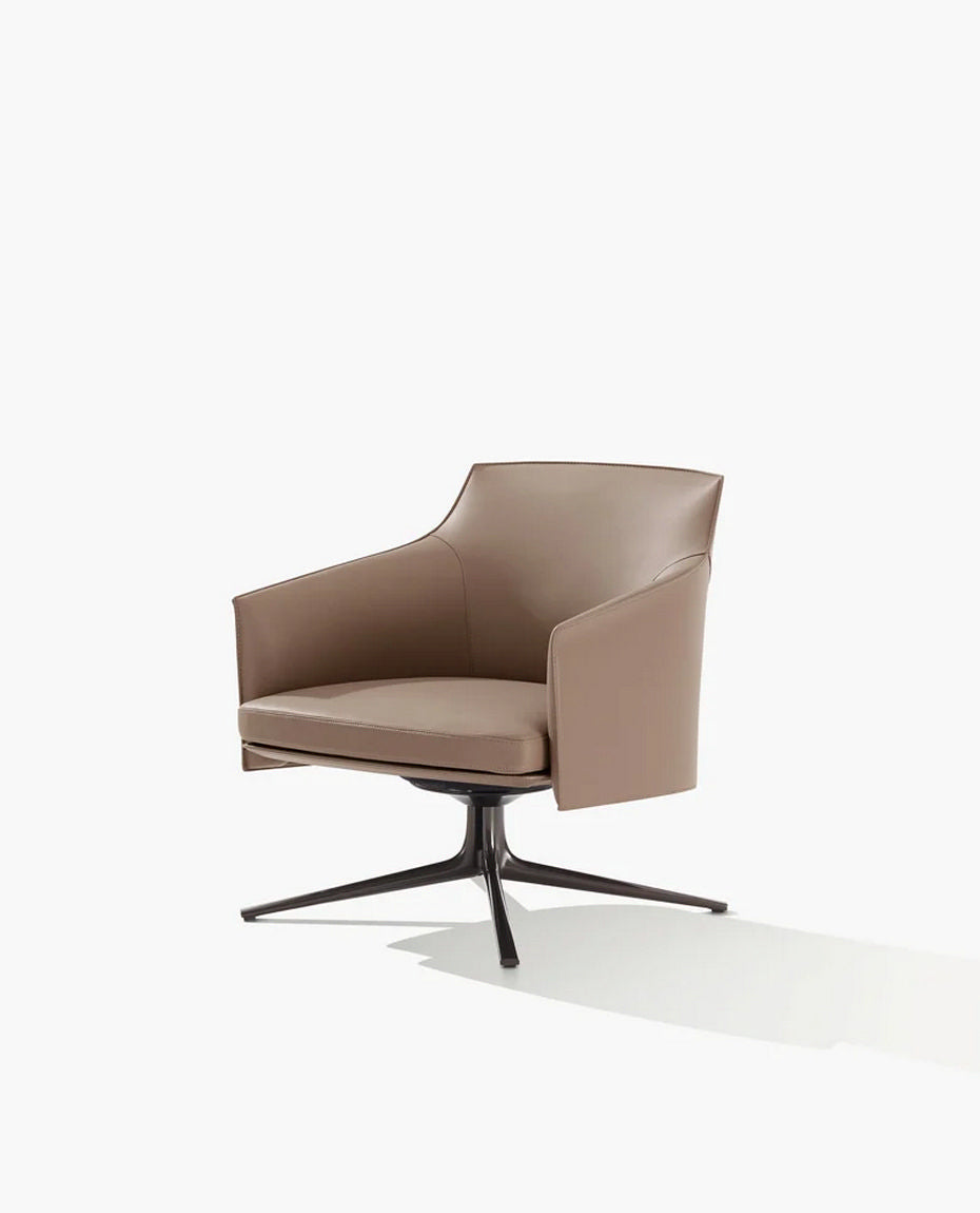 STPG705 / Armchair / Hide 29 Tortora Outer Cover + SOFT 02 Mastice Cat Y Leather Inner Cover and Seat Cushion + Glossy Brown Nickel Swivel Base