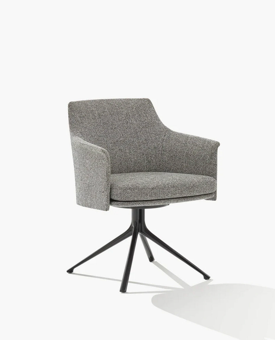 S113 / Chair with Armrests / SKYROS 04 Visone Cat E Fabric Cover + Glossy Brown Nickel Swivel Base